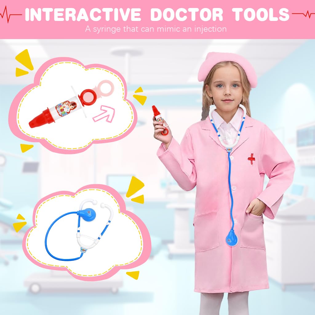 PATPAT Fancy Doctor Dress for Kids 6-7 Years Girls, Pink Nurse Dress for Kids Girls with Nurse Cap, Stethoscope, Mask, Injection - Cosplay Role Play, Special Events Party Career Exploration Costume PATPAT Fancy Doctor Dress for Kids 6-7 Years Girls, Pink Nurse Dress for Kids Girls with Nurse Cap, Stethoscope, Mask, Injection - Cosplay Role Play, Special Events Party Career Exploration Costume